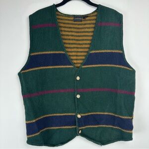 Men's Button Sweater Vest Size Large Striped‎ Preppy Eclectic Grandpa Academia